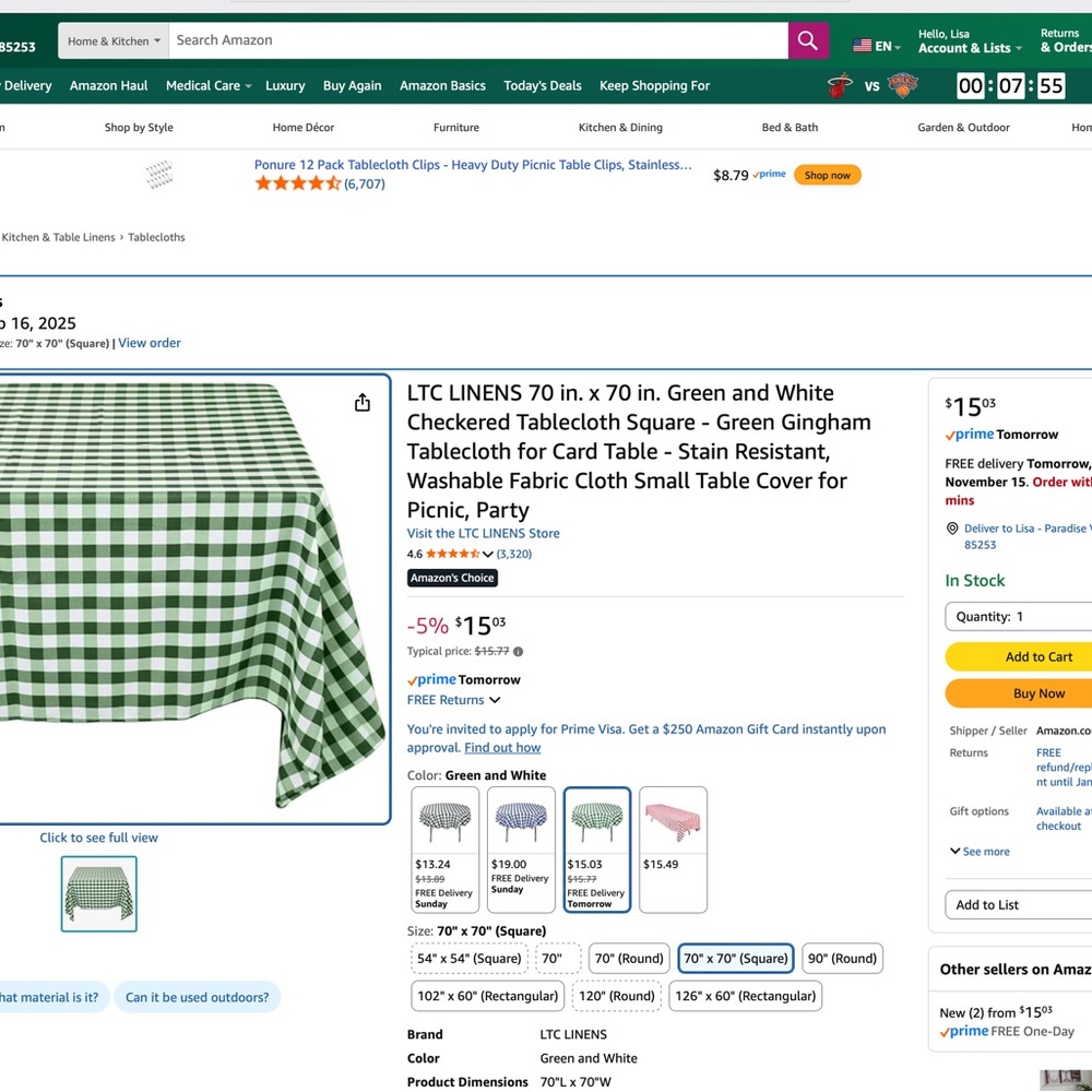 Amazon Green Gingham Tablecloth